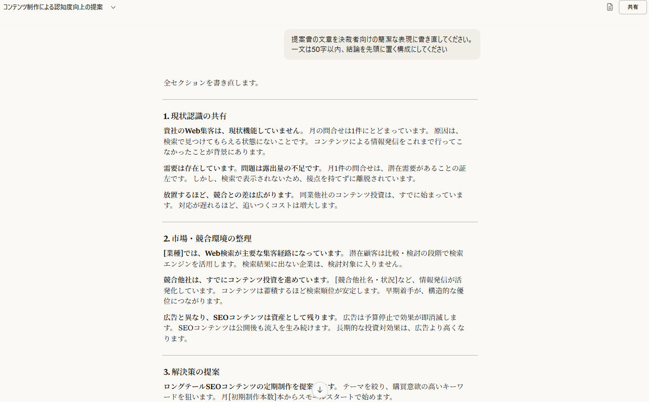 Claudeに「提案書の文章を決裁者向けの簡潔な表現に書き直してください。一文は50字以内、結論を先頭に置く構成にしてください」と入力した結果、全セクションが短文・結論先頭の構成に書き直された出力画面。「1. 現状認識の共有」「2. 市場・競合環境の整理」「3. 解決策の提案」の各セクションが一文50字以内の簡潔な文体に変換されている