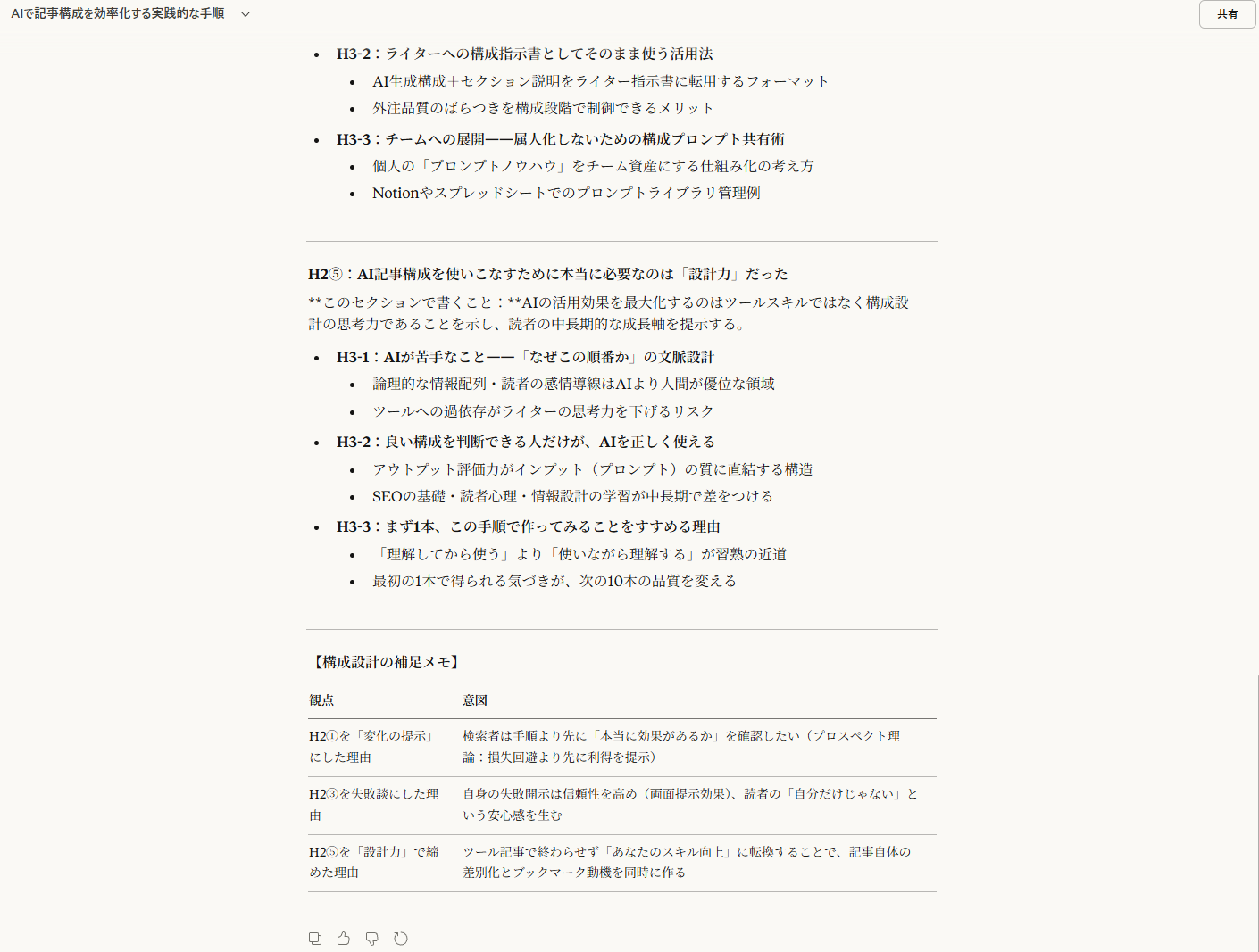 Claudeが出力した記事構成案の続き。H2①からH2⑤まで全体の見出しとH3の一覧が表示されている