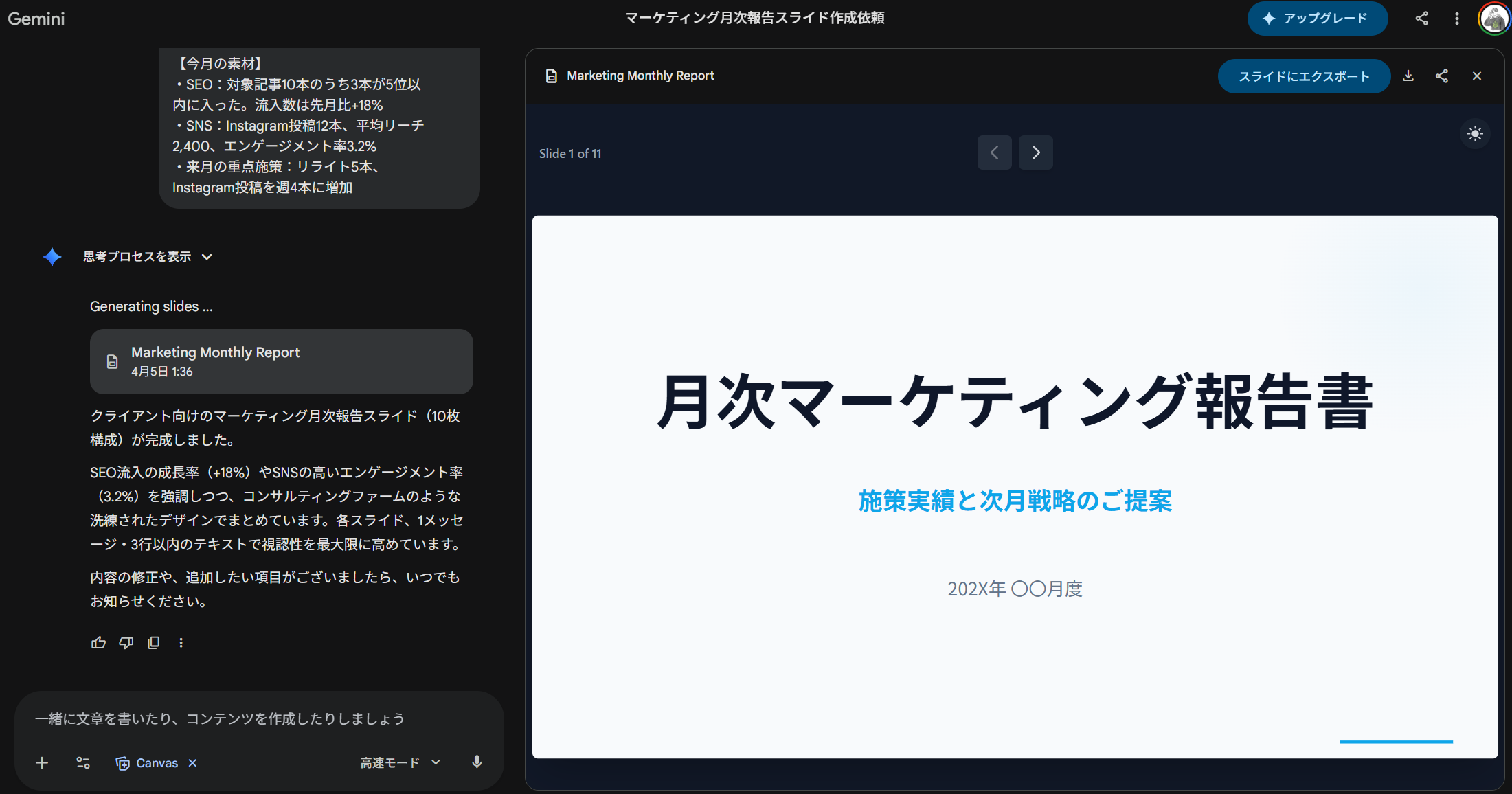 Gemini Canvasでスライドの生成が完了し、月次マーケティング報告書のタイトルスライドが右側に表示され、右上に「スライドにエクスポート」ボタンが出ている画面