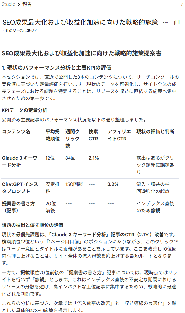 NotebookLM Studioで生成されたレポート出力結果。「SEO成果最大化および収益化加速に向けた戦略的施策提案書」というタイトルで、現状パフォーマンス分析・主要KPI評価・課題の抽出と優先順位評価が表形式と本文で整理されている